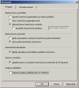 V dialogu Progam lze zap. nebo vyp. podporu při přihlašování Win
